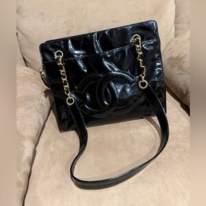 Vintage Chanel CC Timeless Patent Leather Tote Bag with 24k Gold Plating